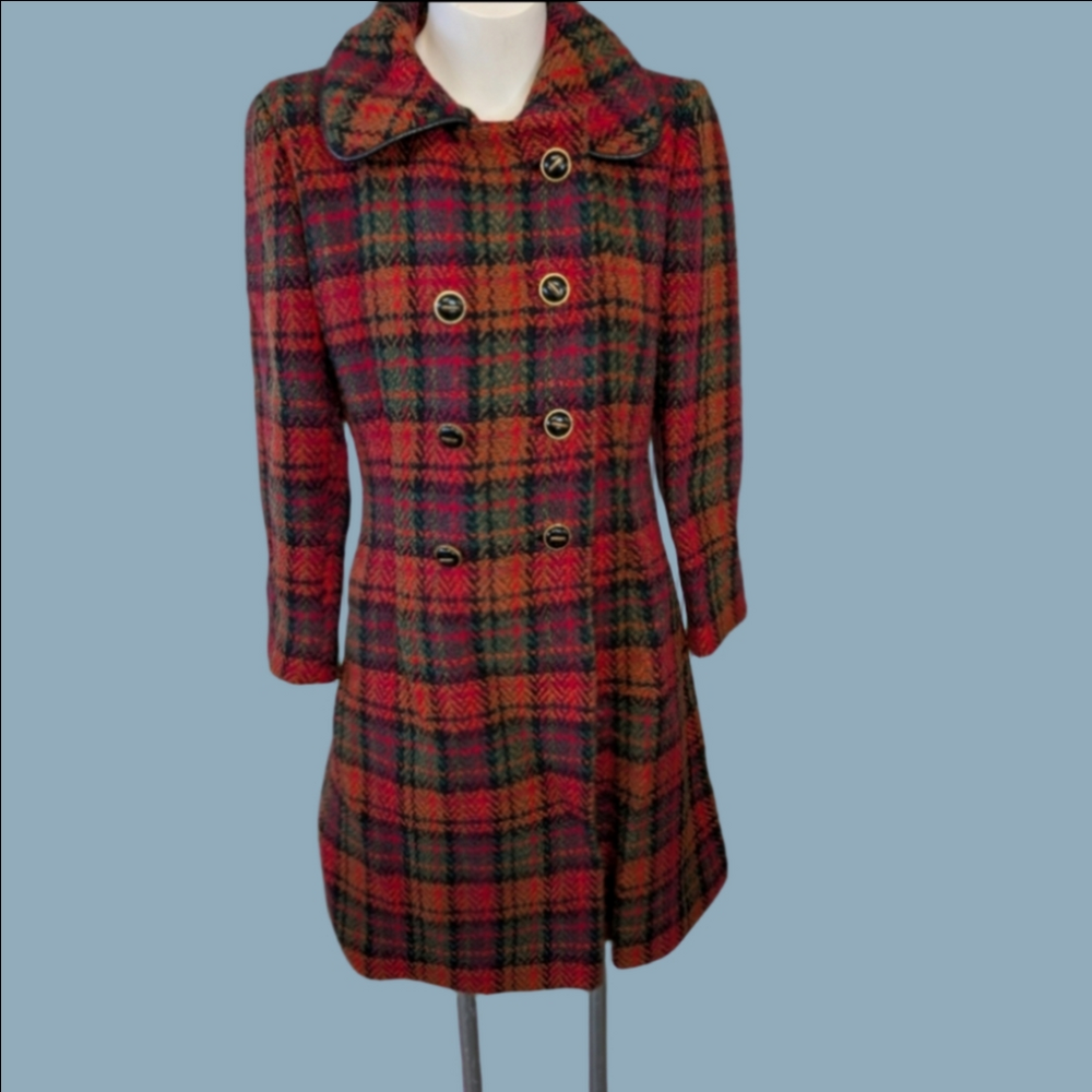 Vintage Coat Plaid Double-Breasted Red Green Black Button Side Pockets